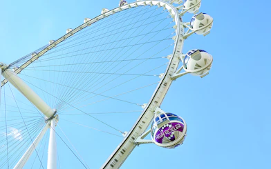 High Roller Wheel in Las Vegas against a clear blue sky.