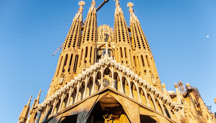 Sagrada Família towers under blue sky, Barcelona, guided walking tour.