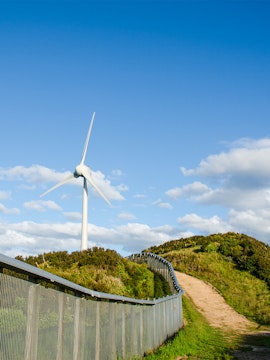 Wind turbine on a hilltop path at Mount Victoria, surrounded by greenery and blue sky.