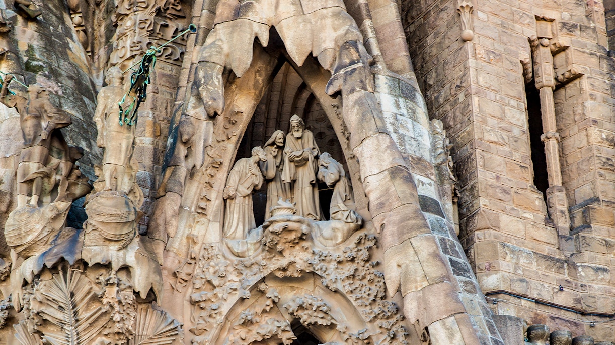 Sagrada Familia Nativity Facade depicting the Birth of Jesus in Barcelona, Spain.