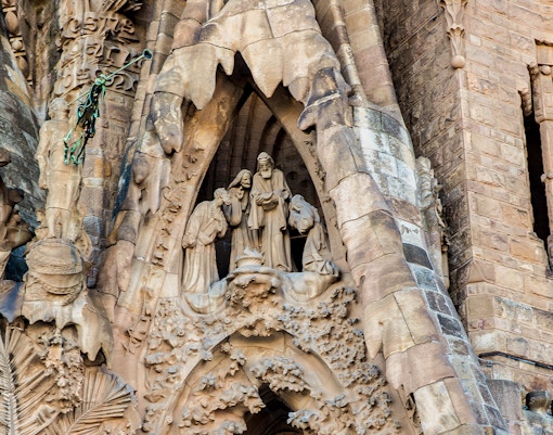 Sagrada Familia Nativity Facade depicting the Birth of Jesus in Barcelona, Spain.