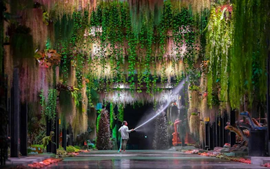 Person watering plants in Nong Nooch Tropical Garden, Thailand, surrounded by lush greenery.