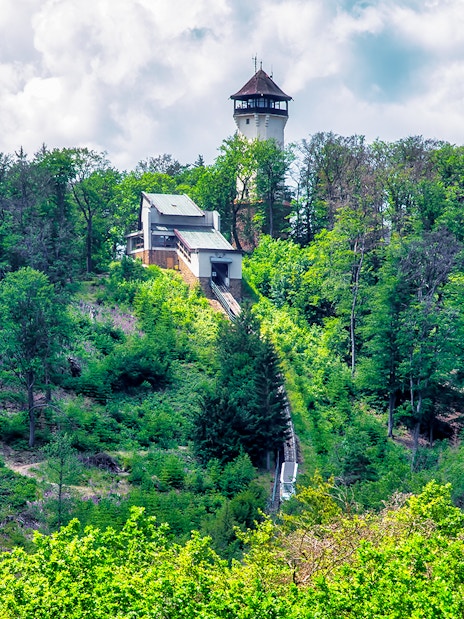 Watchtower Diana surrounded by lush forest in Karlovy Vary, Czech Republic.