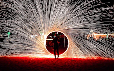 Steel wool fire show during overnight desert safari in Abu Dhabi.