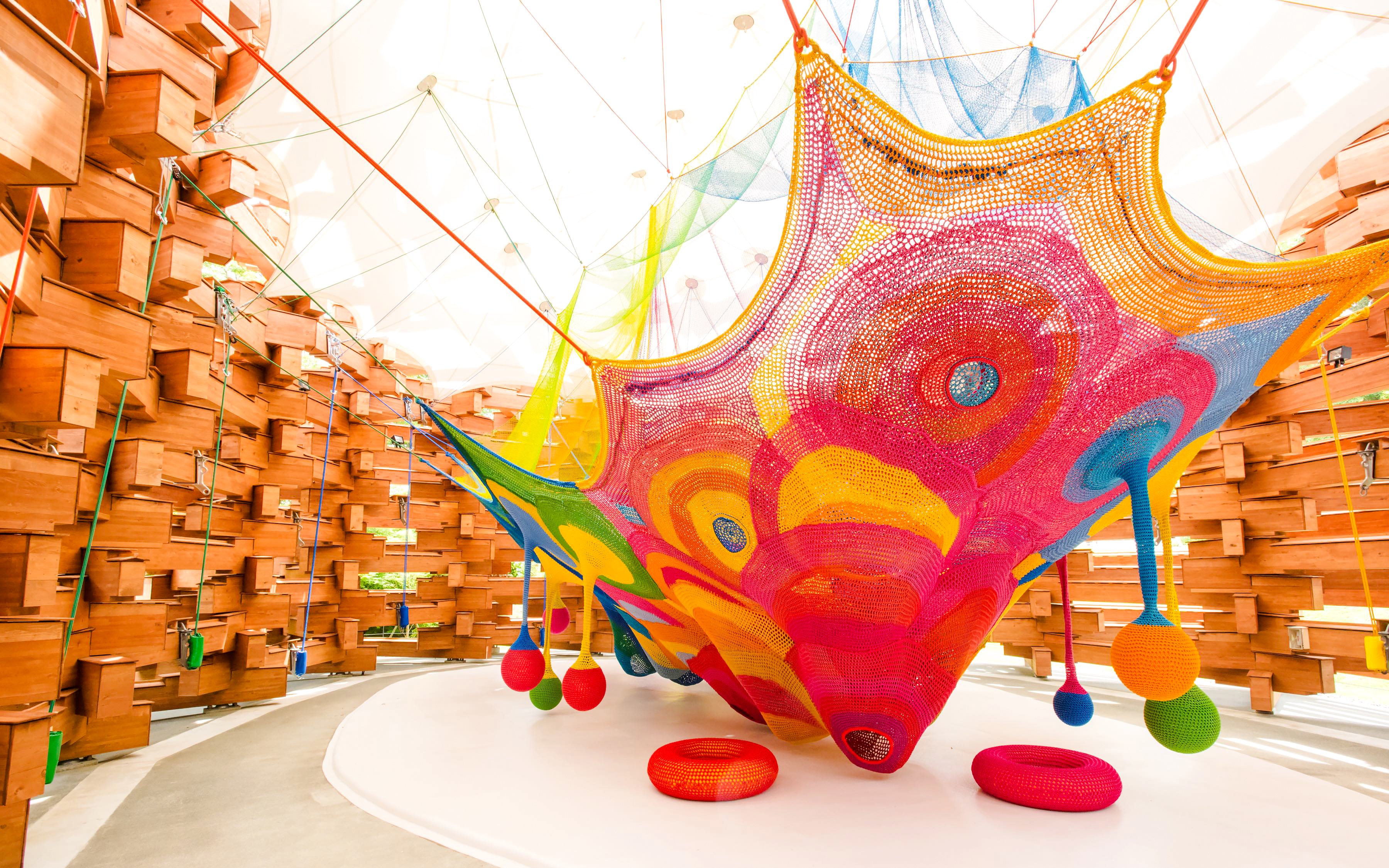 Colorful crochet installation at The Hakone Open-Air Museum, Japan.