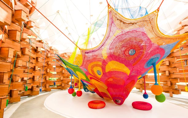 Colorful crochet installation at The Hakone Open-Air Museum, Japan.