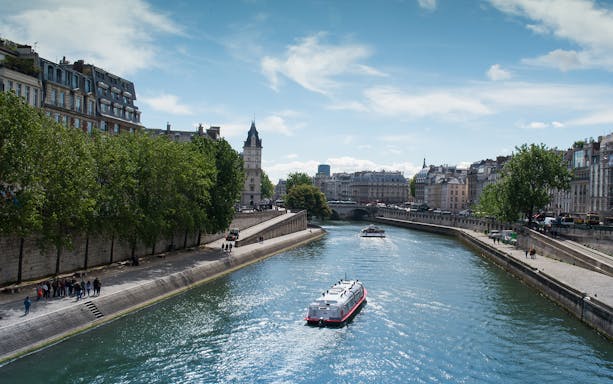 Seine River cruise boat passing under a bridge in Paris with cityscape views.