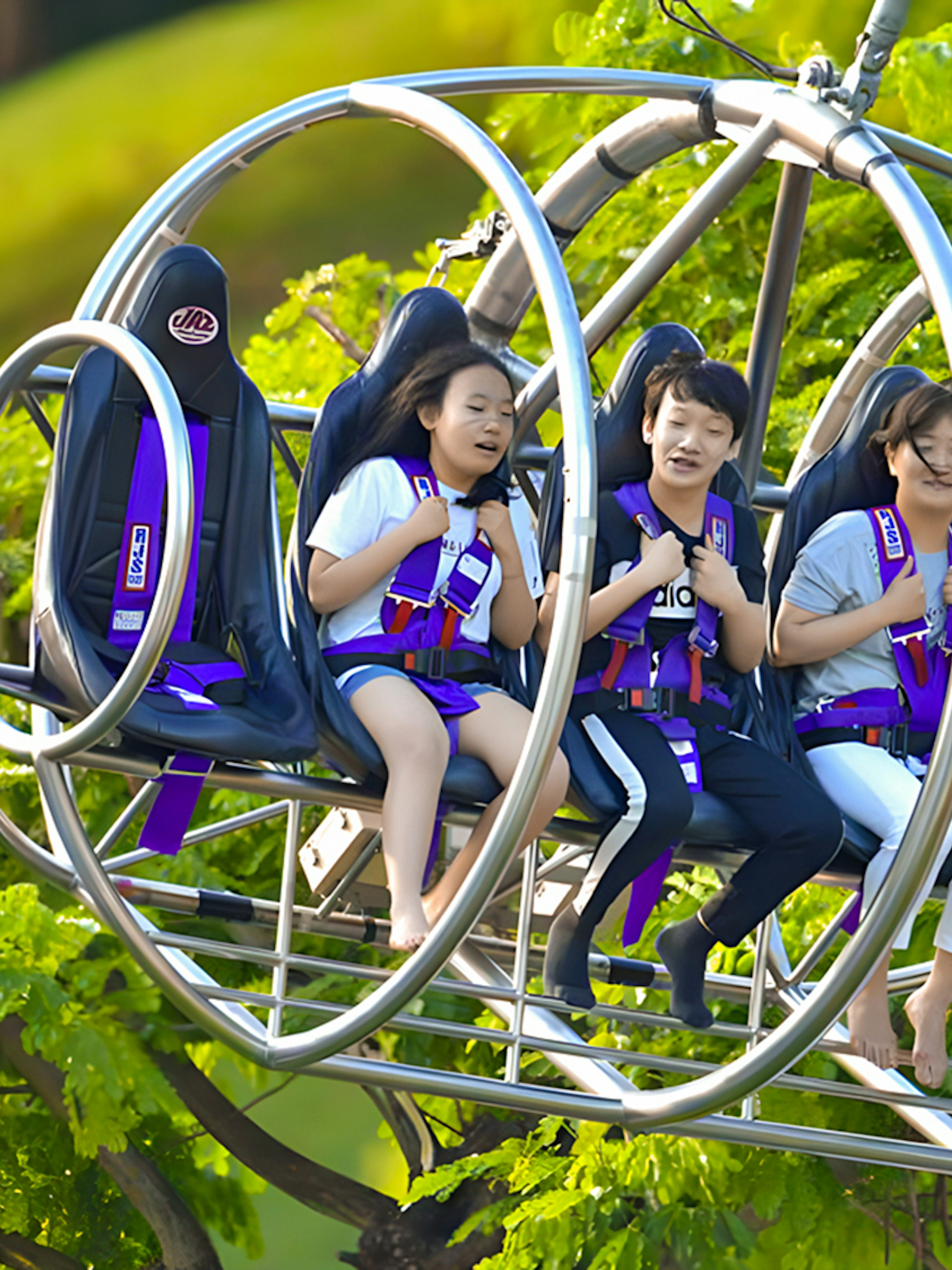 Visitors enjoying the Slingshot ride in Singapore amidst lush greenery.