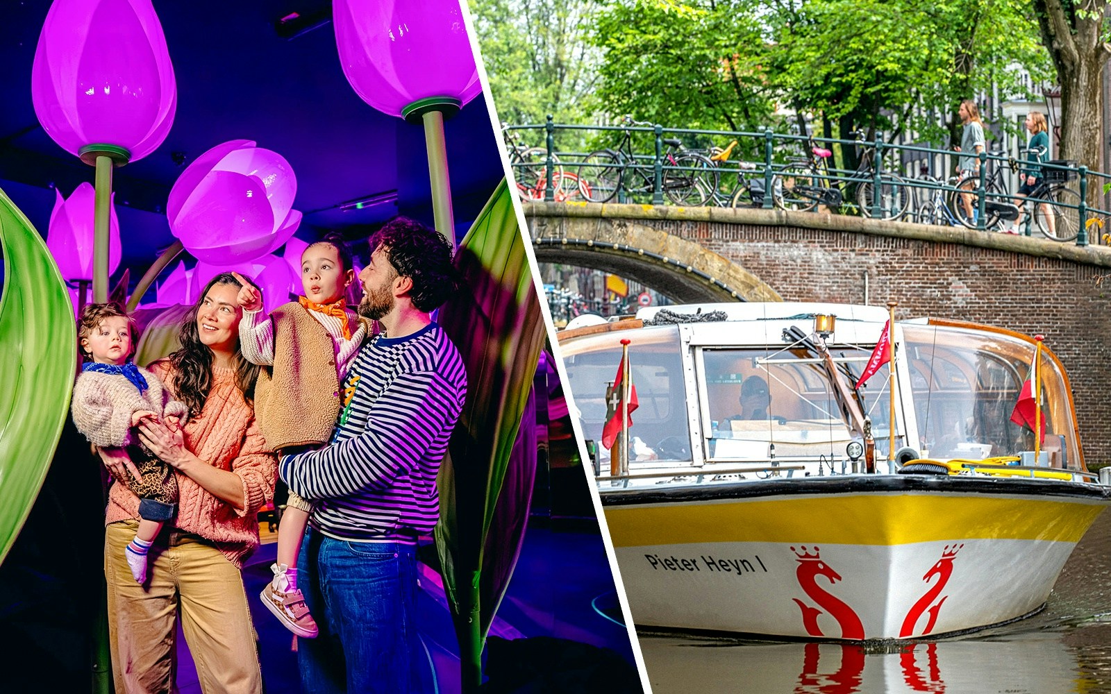 Guests enjoying interactive tulip exhibit and canal boat tour in Holland.