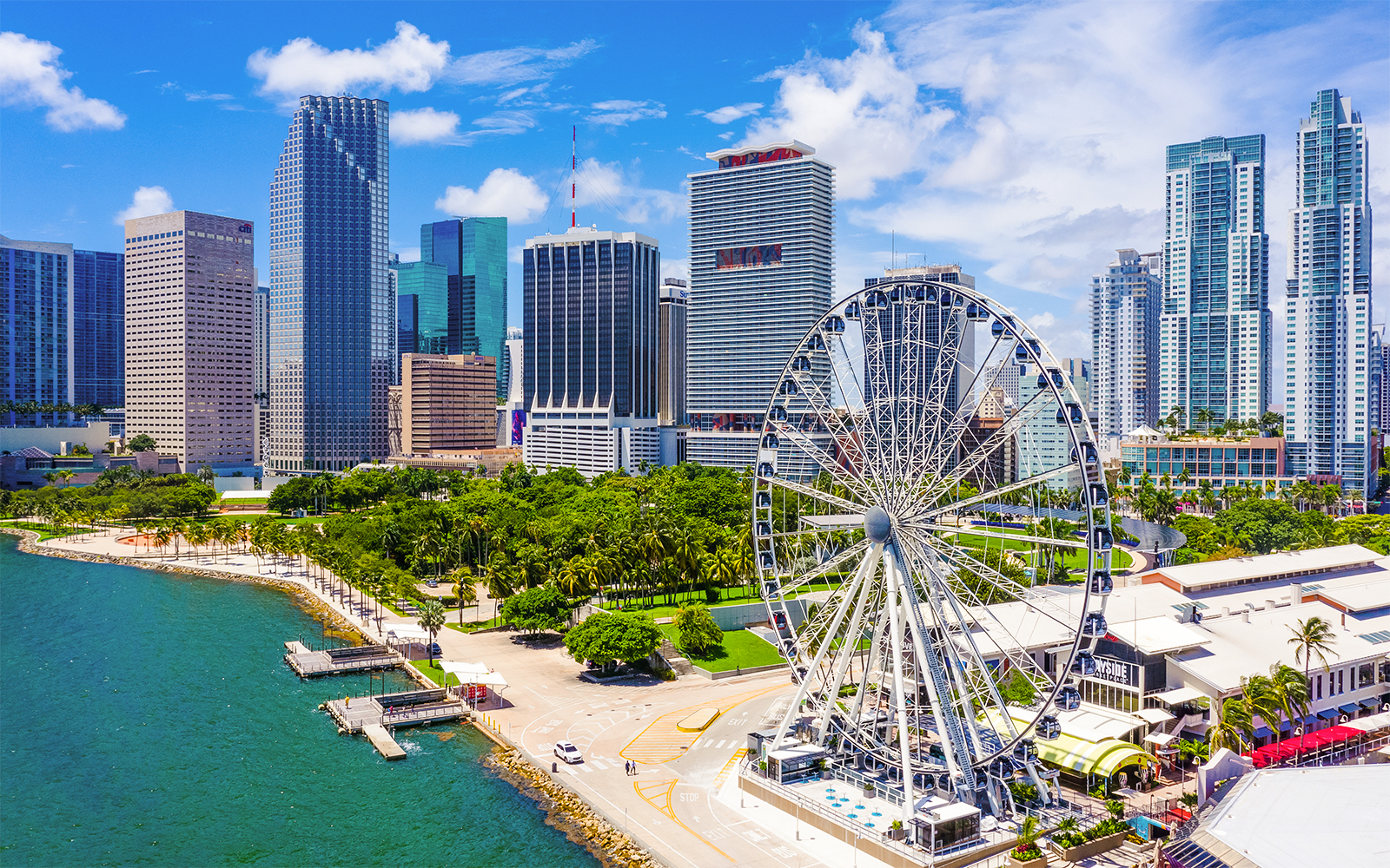 Aerial view of Skyviews Miami Observation Wheel with downtown skyline.