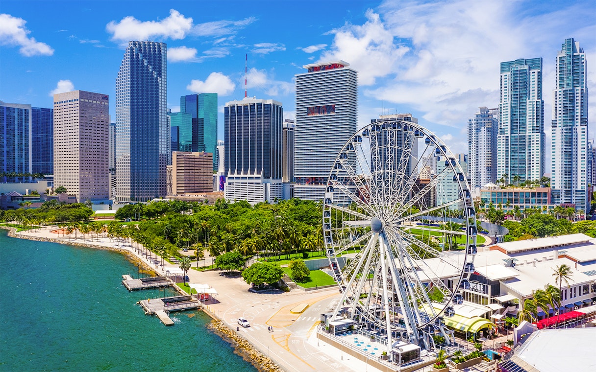 Aerial view of Skyviews Miami Observation Wheel with downtown skyline.
