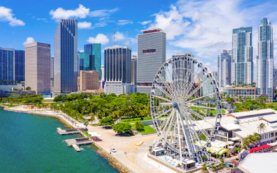 Aerial view of Skyviews Miami Observation Wheel with downtown skyline.