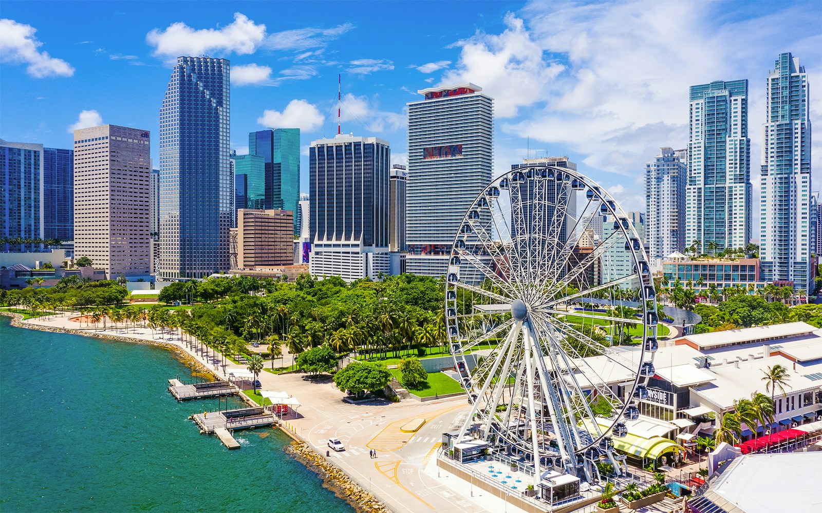 Skyviews Miami Observation Wheel overlooking Biscayne Bay and downtown Miami skyline.