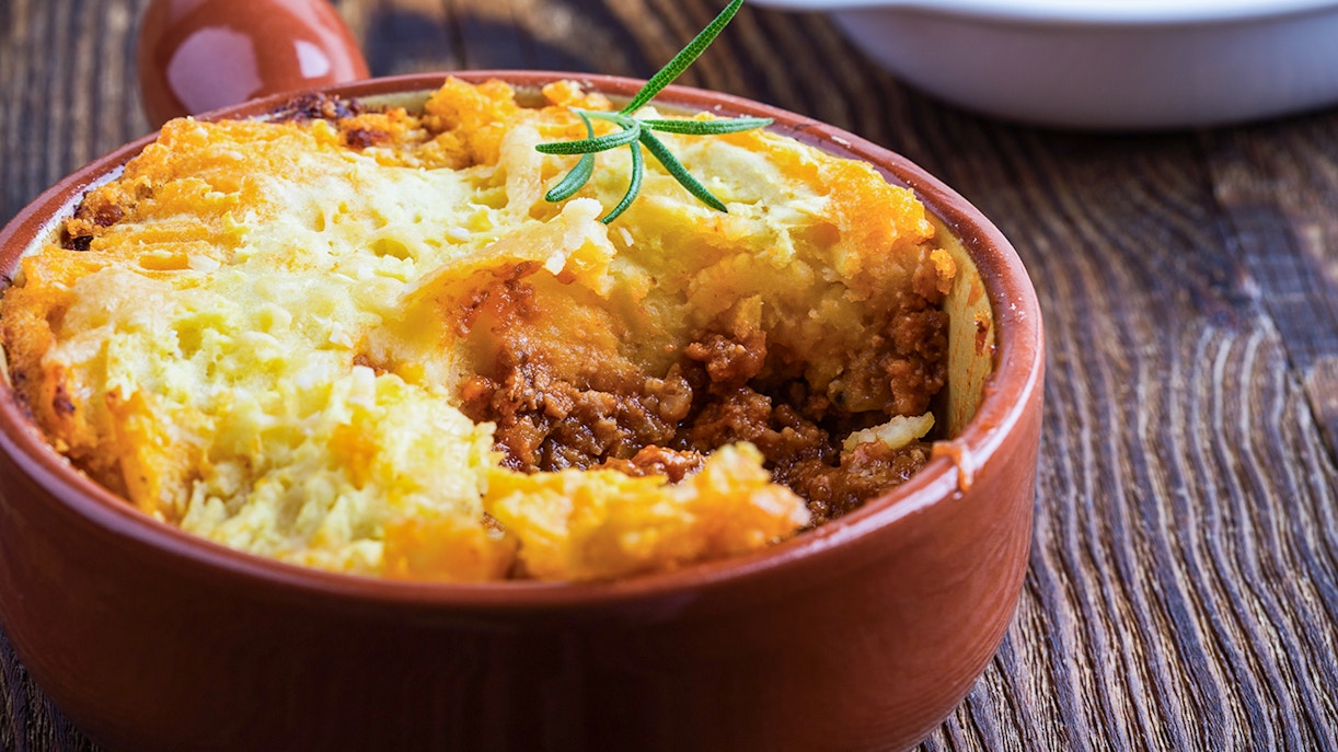 Traditional shepherd's pie served in a clay dish at a café near the National Museum of Singapore.