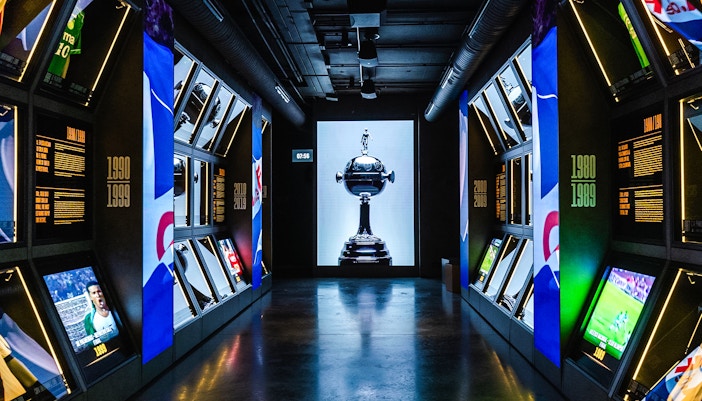 Football memorabilia display at Legends: The Home of Football Museum, Manchester.