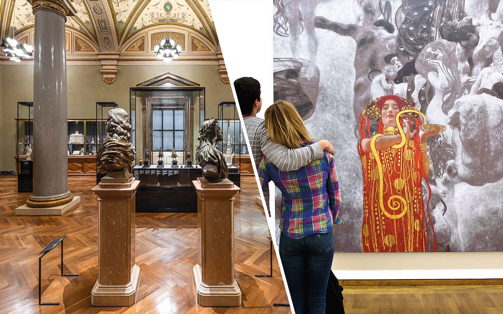 Art Chamber in Kunsthistorisches Museum Vienna with sculptures and visitors viewing a painting.