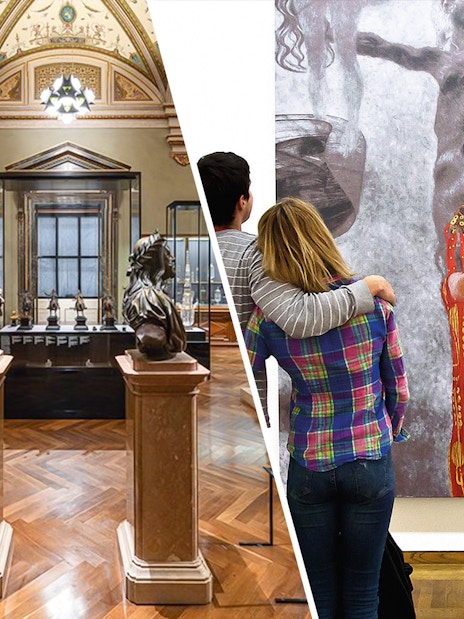 Art Chamber in Kunsthistorisches Museum Vienna with sculptures and visitors viewing a painting.