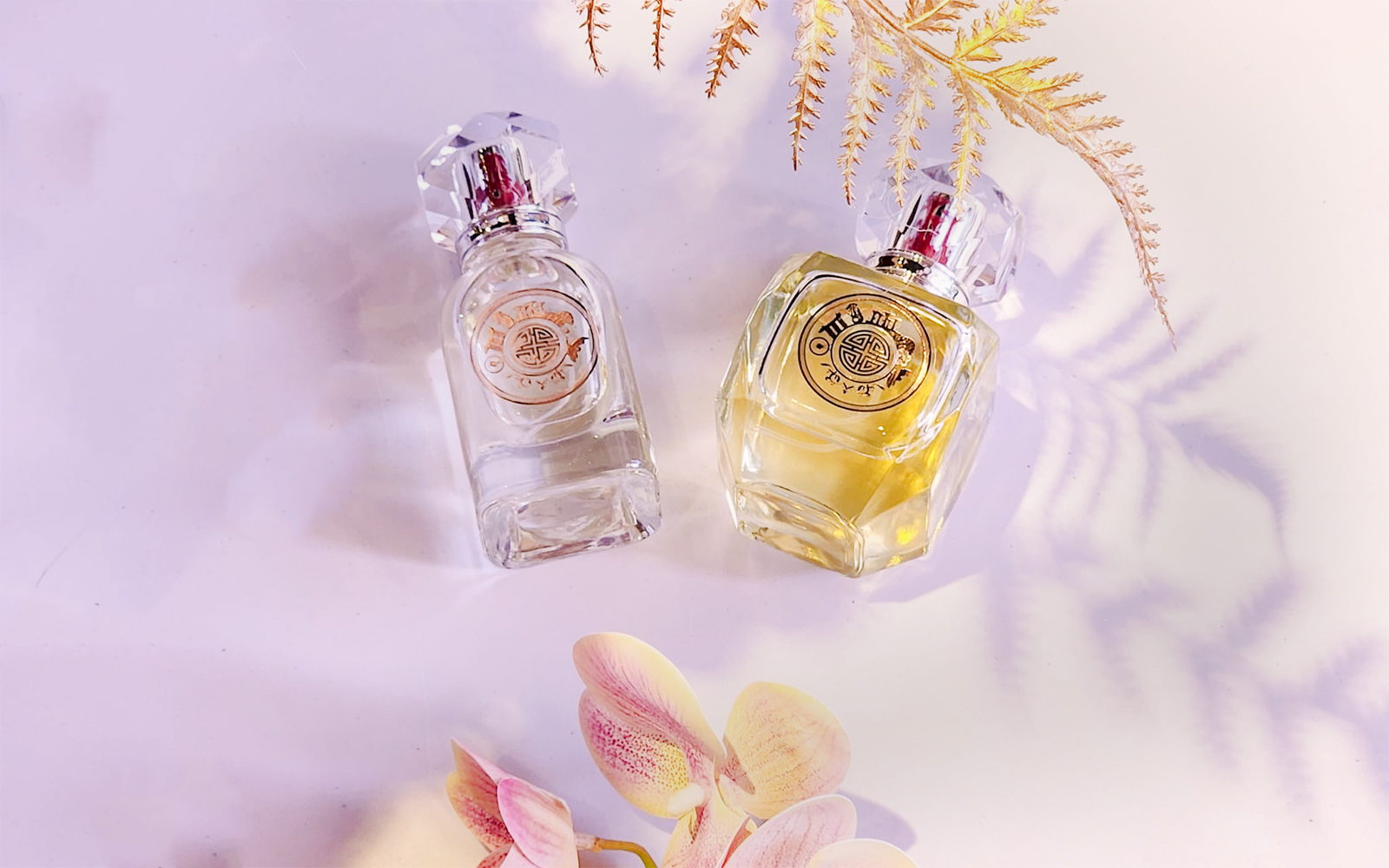 Perfume bottles with floral decor at Scentopia Sentosa Singapore.