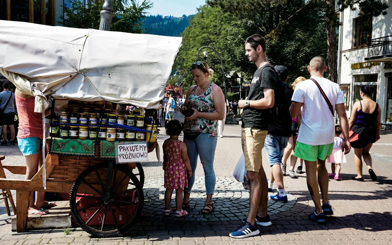 Street market stall with local products in Zakopane, Poland, during a tour from Krakow.