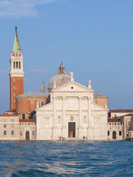 Giorgio Cini Foundation building with bell tower on San Giorgio Maggiore Island, Venice.