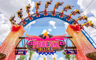 Phoenix Rising ride at Busch Gardens with riders upside down on a loop.