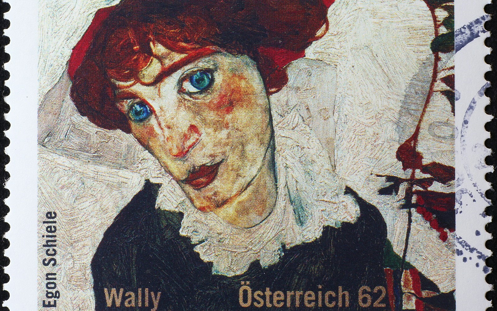 Egon Schiele's "Wally" painting on a stamp, featured at Egon Schiele Art Centrum Český Krumlov.