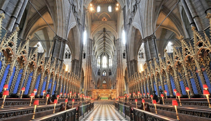 Westminster Abbey interior with ornate arches and choir stalls.