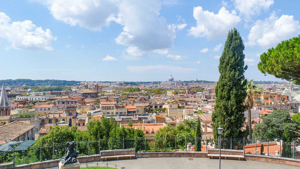 Panoramic view of Rome from Pincian Hill in Villa Borghese Gardens.