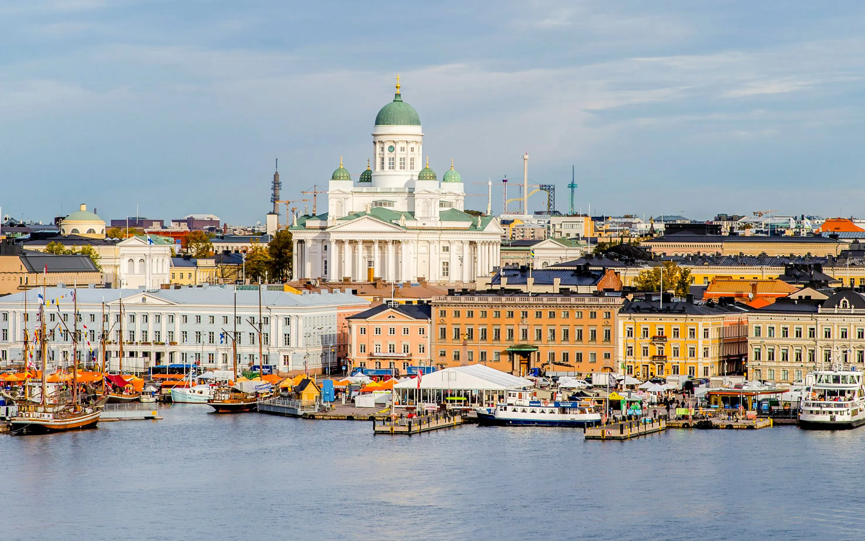 Helsinki Cathedral and South Harbour with boats in Helsinki, Finland.