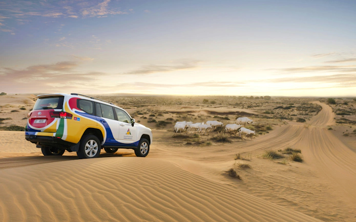 SUV driving on sand dunes during a desert safari with oryx in the background.