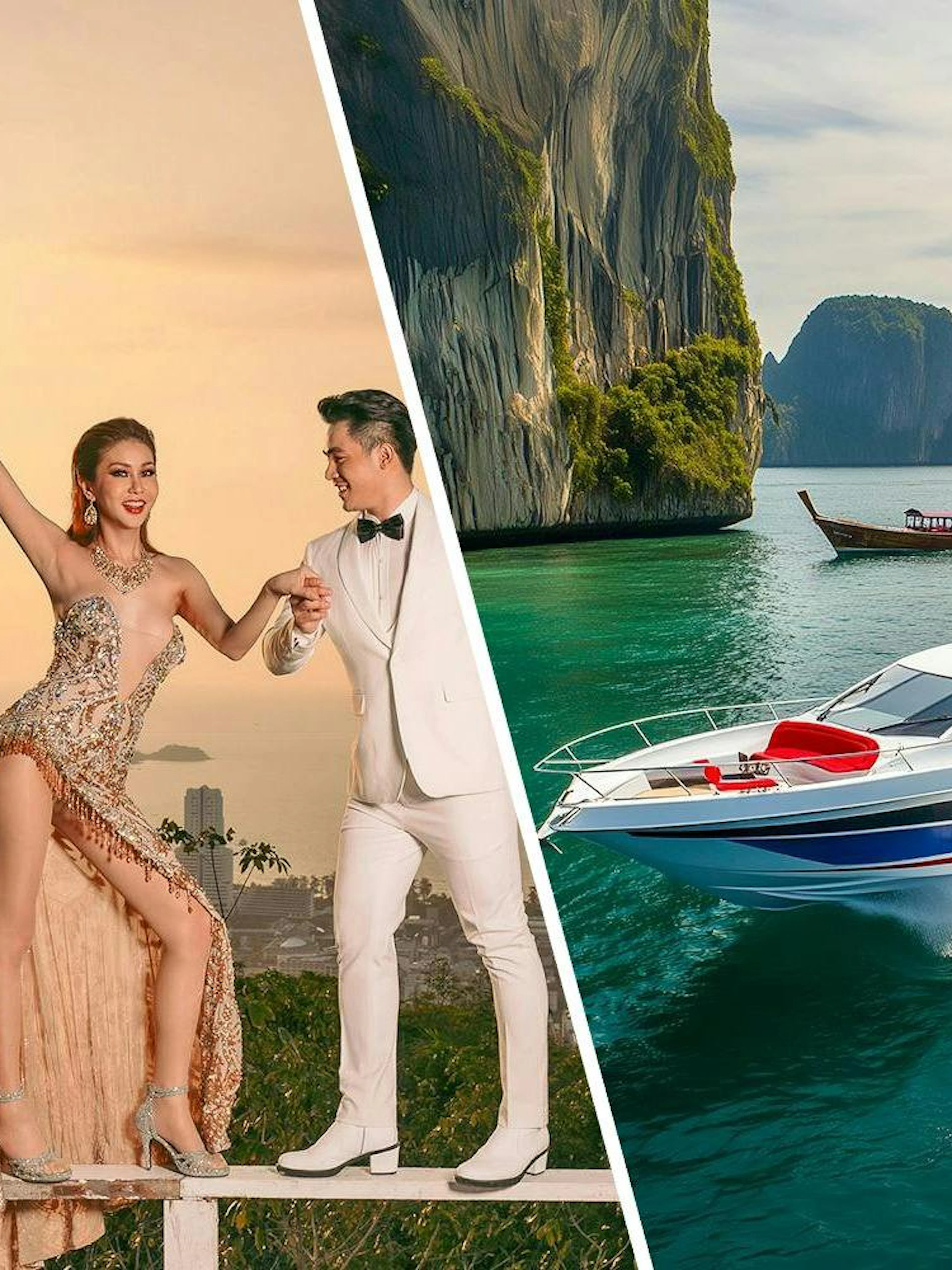 Simon Cabaret performers in Phuket and speedboat near Phi Phi Islands cliffs.