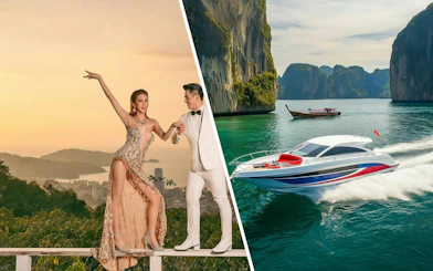 Simon Cabaret performers in Phuket and speedboat near Phi Phi Islands cliffs.