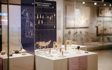 Ancient Egyptian body ornaments display at the Egyptian Museum in Turin.
