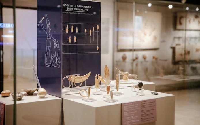 Ancient Egyptian body ornaments display at the Egyptian Museum in Turin.