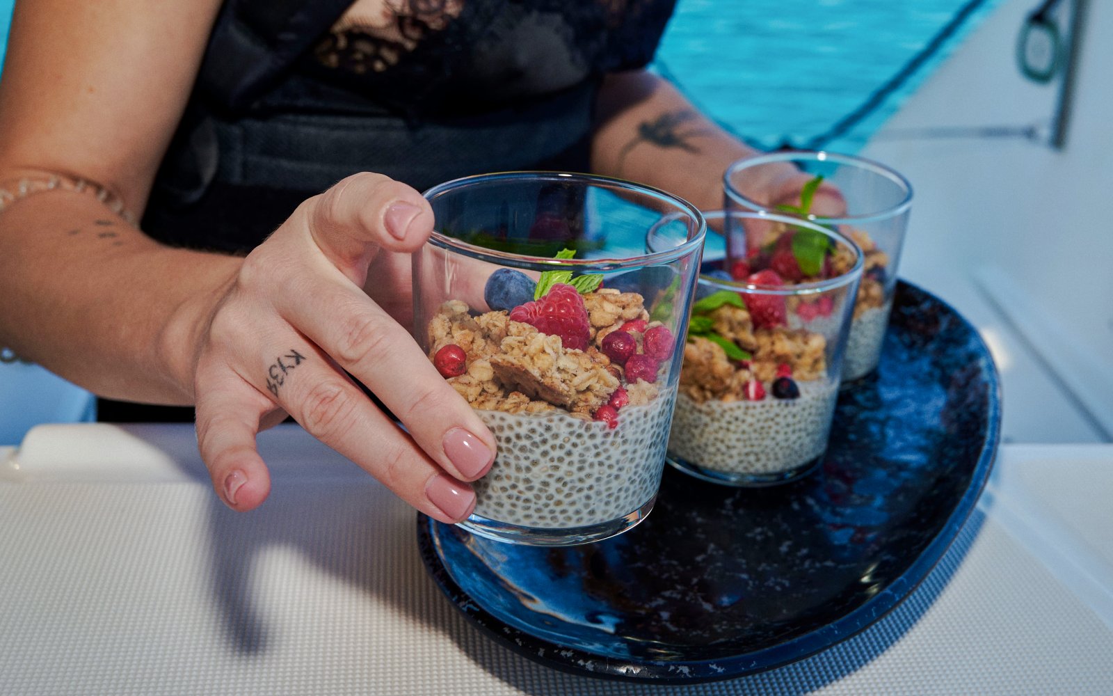 Chia pudding with berries served on Morning Luxury Catamaran Cruise from Ierapetra to Chrissi Island.