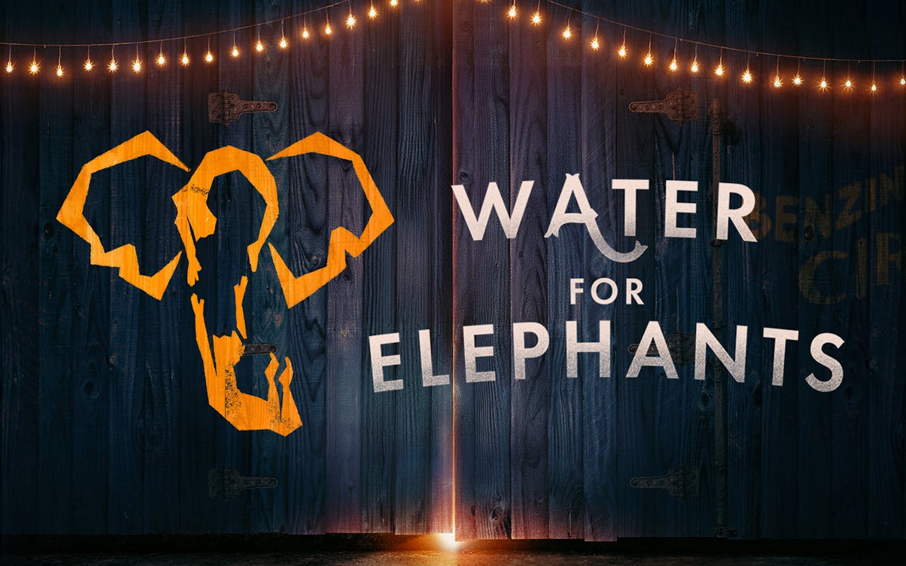 Water for Elephants logo with stylized elephant design on wooden background