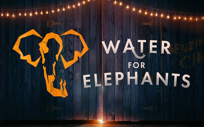Water for Elephants logo with stylized elephant design on wooden background