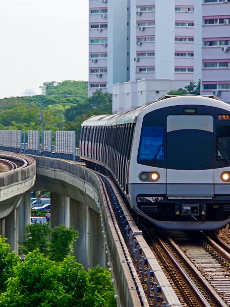 Singapore Metro train on elevated tracks with city buildings in the background.