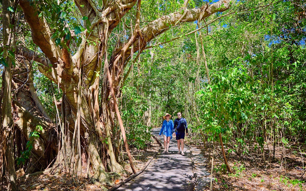 Couple walking on a forest path on Fitzroy Island, surrounded by lush greenery.