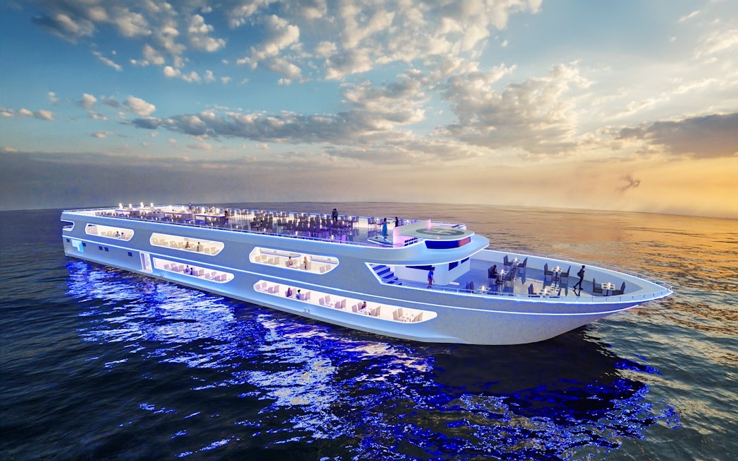 Luxury dinner cruise ship at sunset near ICONSIAM, Bangkok.