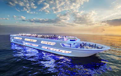 Luxury dinner cruise ship at sunset near ICONSIAM, Bangkok.