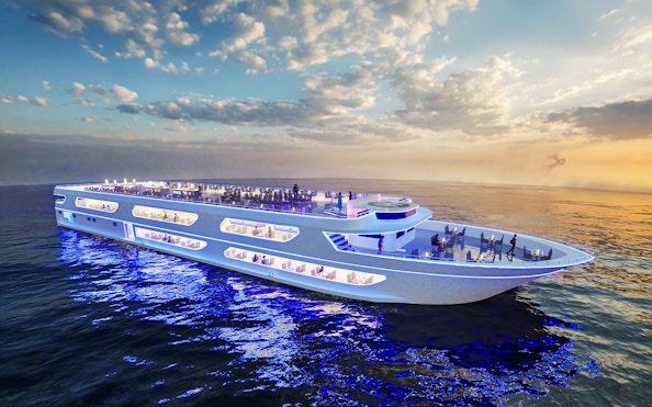 Luxury dinner cruise ship at sunset near ICONSIAM, Bangkok.