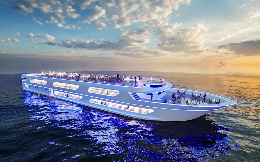 Luxury dinner cruise ship at sunset near ICONSIAM, Bangkok.