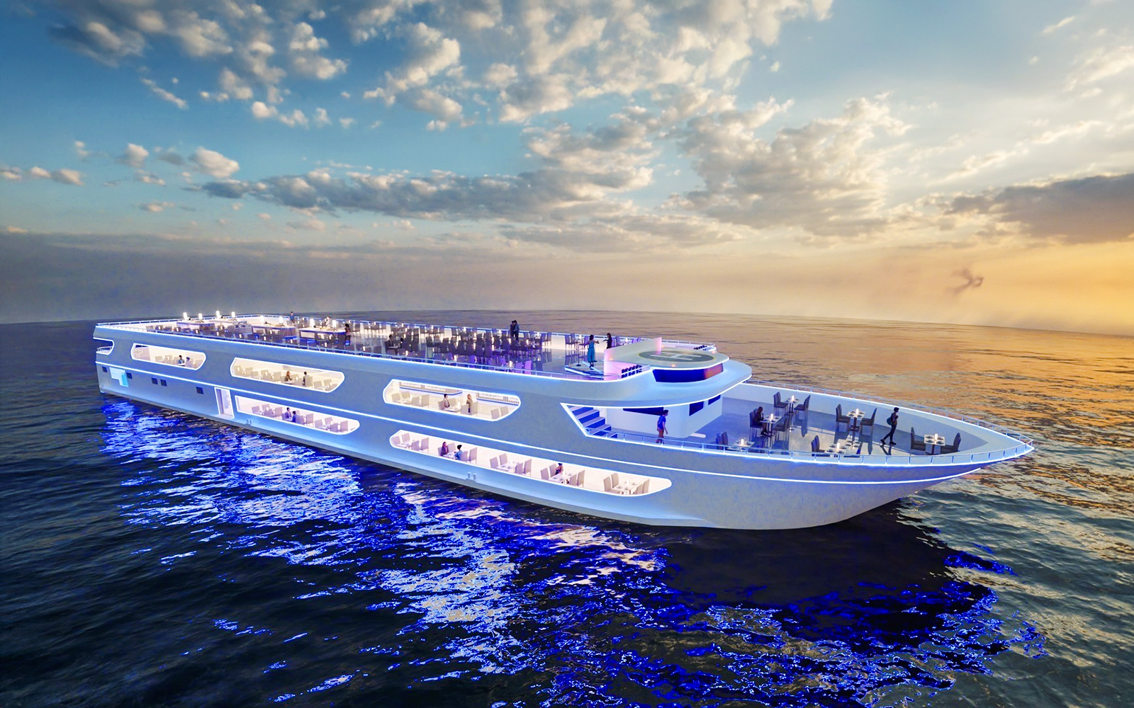 Luxury dinner cruise on Chao Phraya River, Bangkok, with views of ICONSIAM and city skyline.