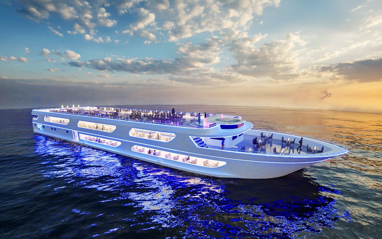 Luxury dinner cruise ship at sunset near ICONSIAM, Bangkok.
