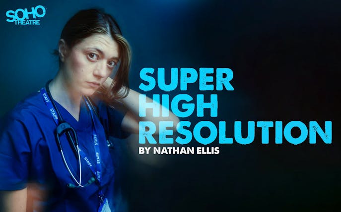 Person in blue scrubs with stethoscope, text 'Super High Resolution' by Nathan Ellis