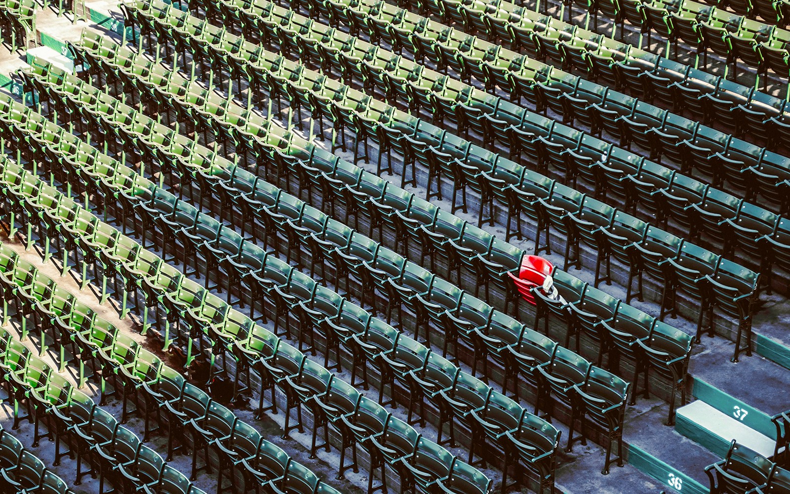 Red seat among green seats at Fenway Park, Boston.