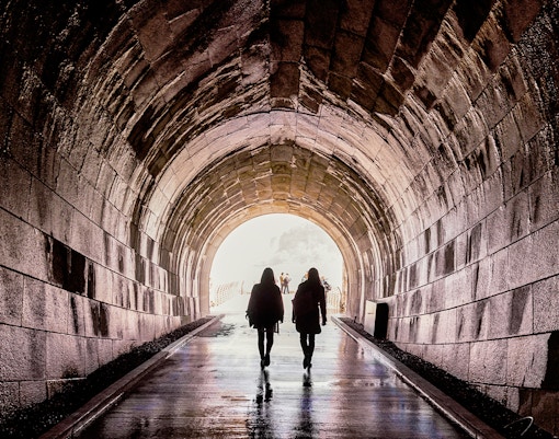 Tourists exiting Tailrace Tunnel at Niagara Falls Power Station.