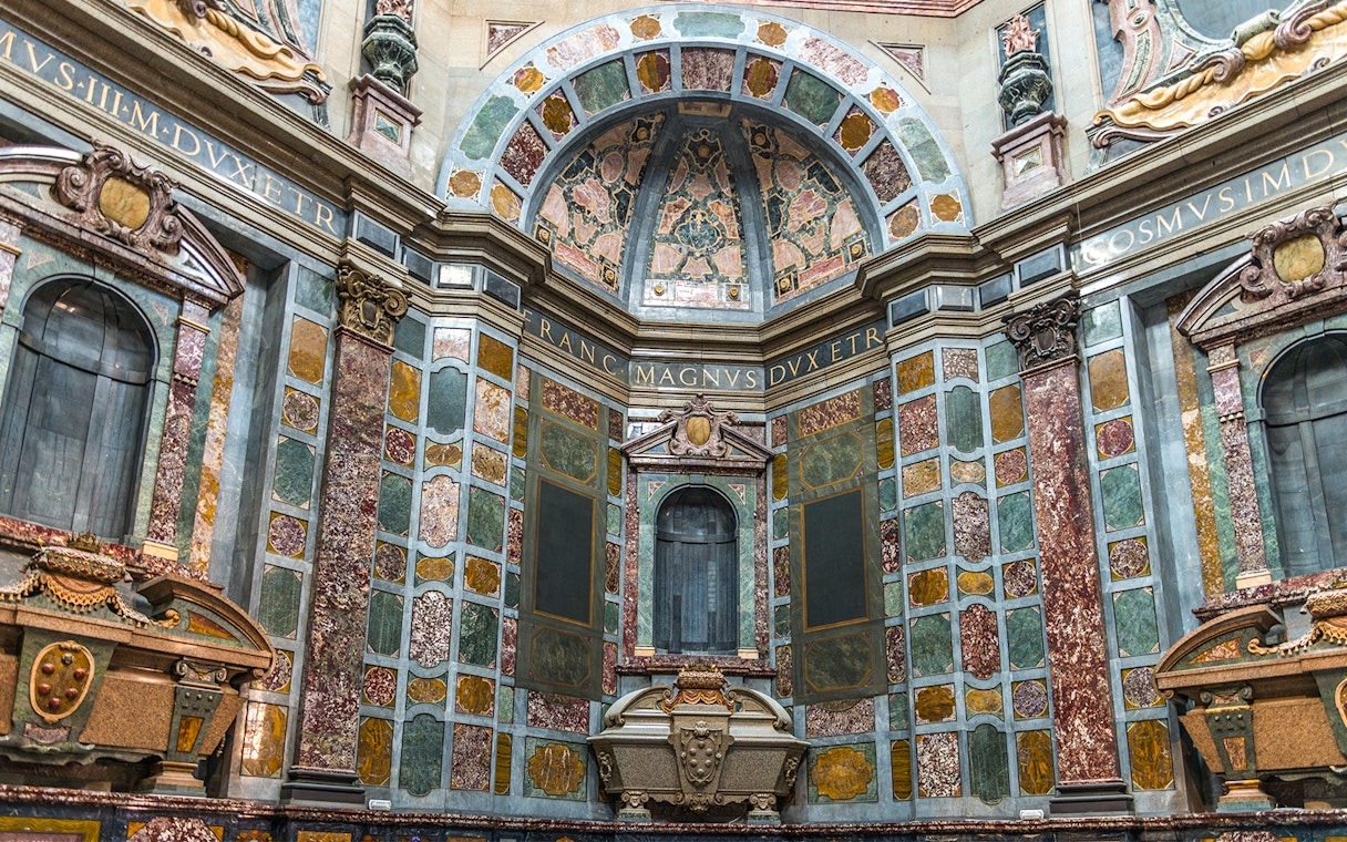 Medici Chapel interior with ornate marble walls, Florence Medici Walking Tour.