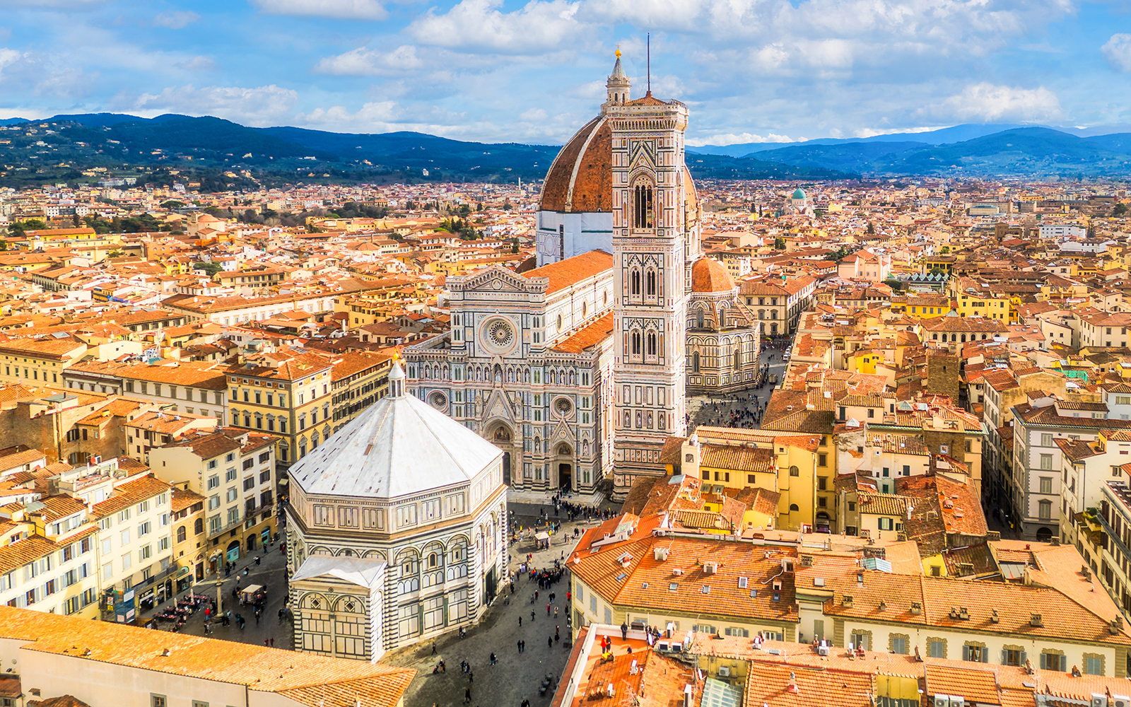 Florence Cathedral and Baptistery aerial view, showcasing iconic architecture in Florence, Italy.